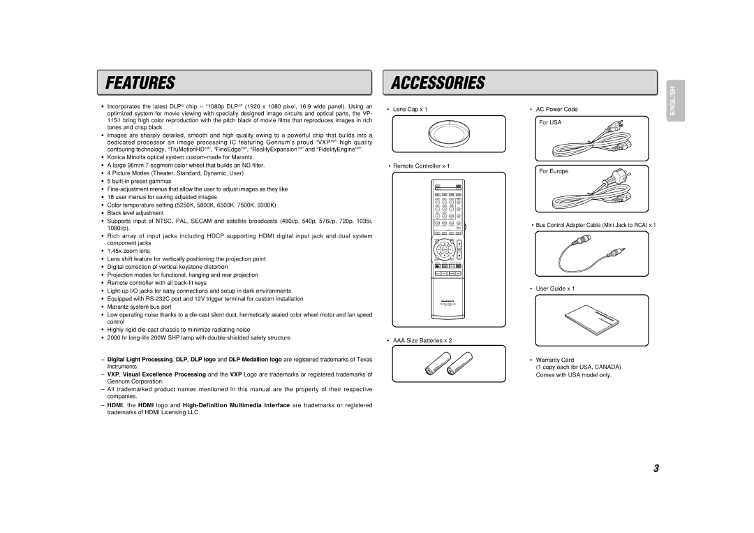 Marantz VP-11S1 manual Features, Accessories 