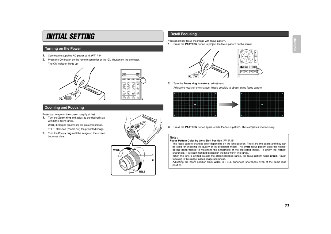 Marantz VP-11S1 manual Initial Setting, Turning on the Power, Zooming and Focusing, Detail Focusing 