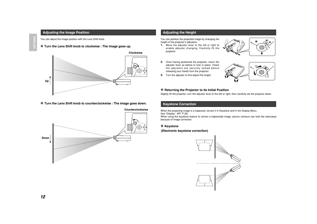 Marantz VP-11S1 manual Adjusting the Image Position, Adjusting the Height, Keystone Correction 