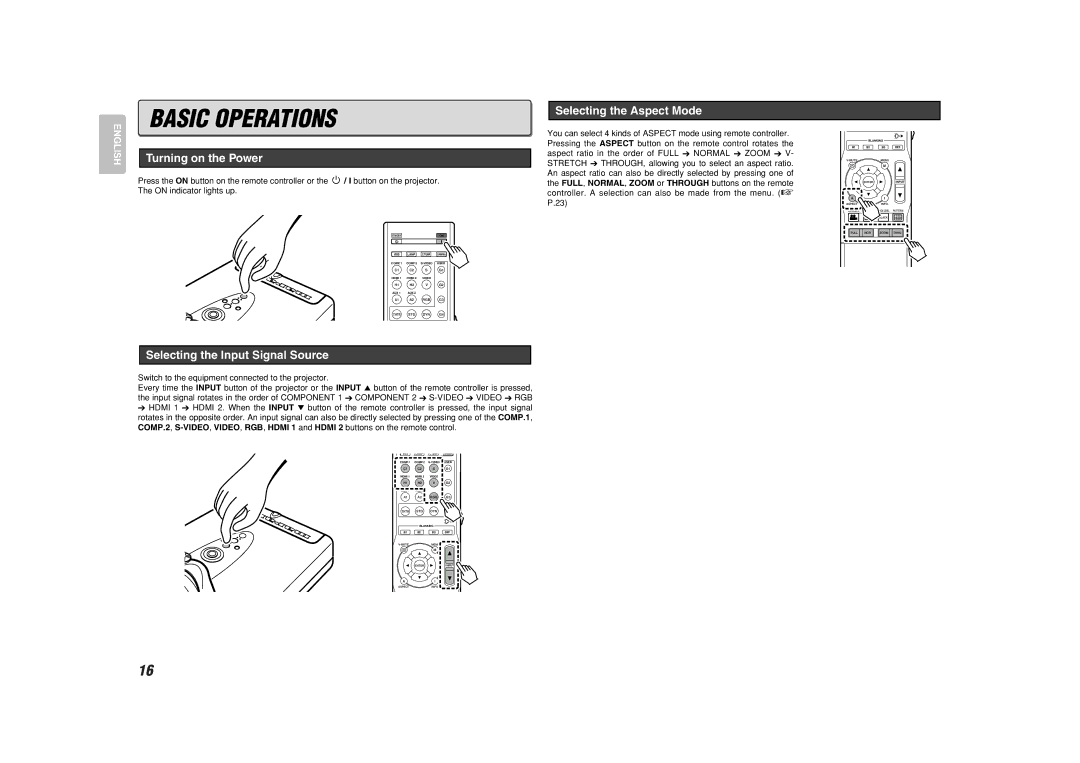 Marantz VP-11S1 manual Basic Operations, Selecting the Aspect Mode, Selecting the Input Signal Source 