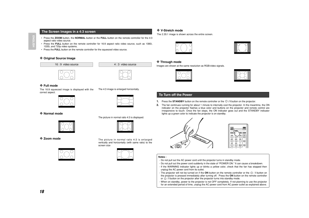 Marantz VP-11S1 manual Screen Images in a 43 screen, To Turn off the Power, Normal mode 