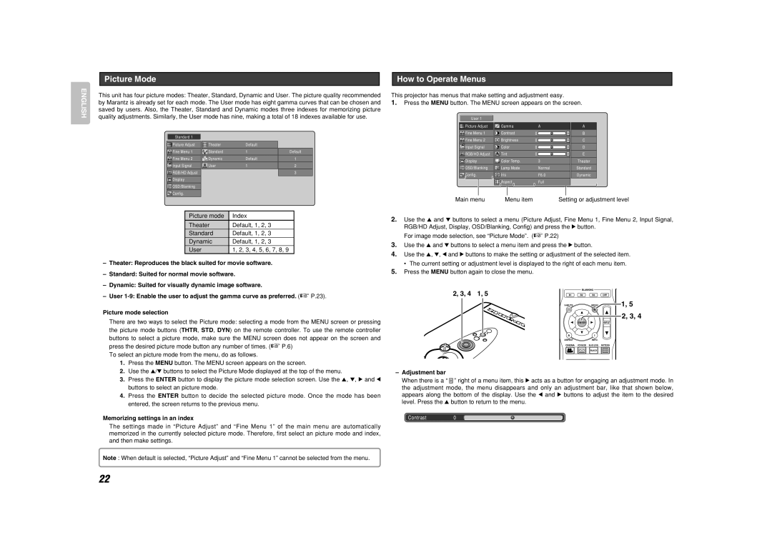 Marantz VP-11S1 manual Picture Mode, Memorizing settings in an index, Adjustment bar 