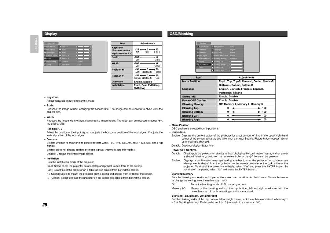 Marantz VP-11S1 manual Display OSD/Blanking 