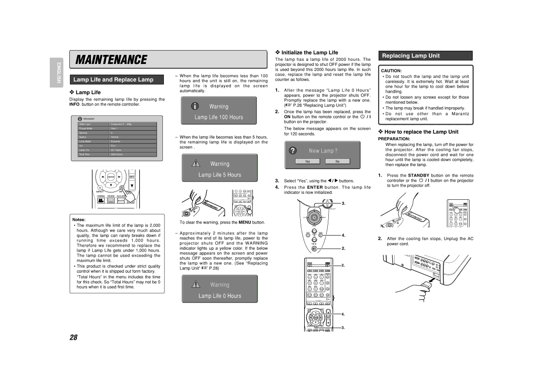 Marantz VP-11S1 manual Maintenance, Lamp Life and Replace Lamp, Replacing Lamp Unit 