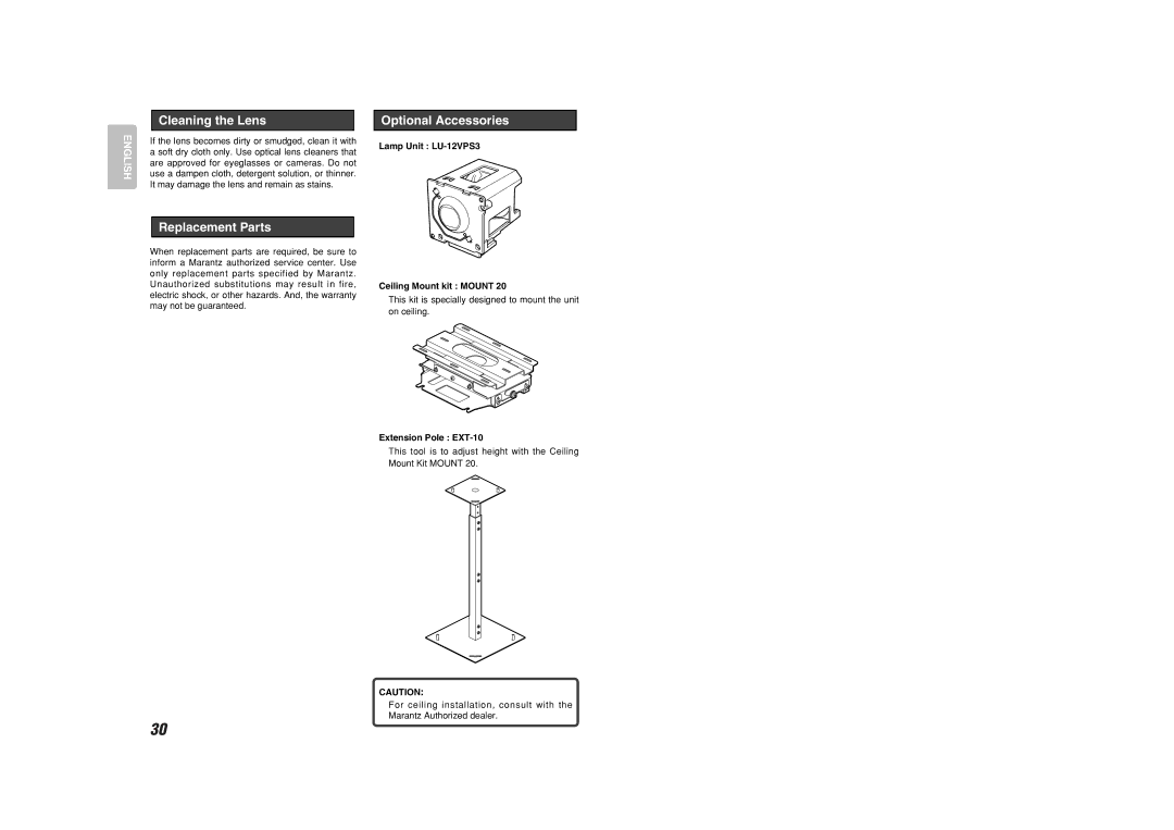 Marantz VP-11S1 manual Cleaning the Lens, Optional Accessories, Replacement Parts 