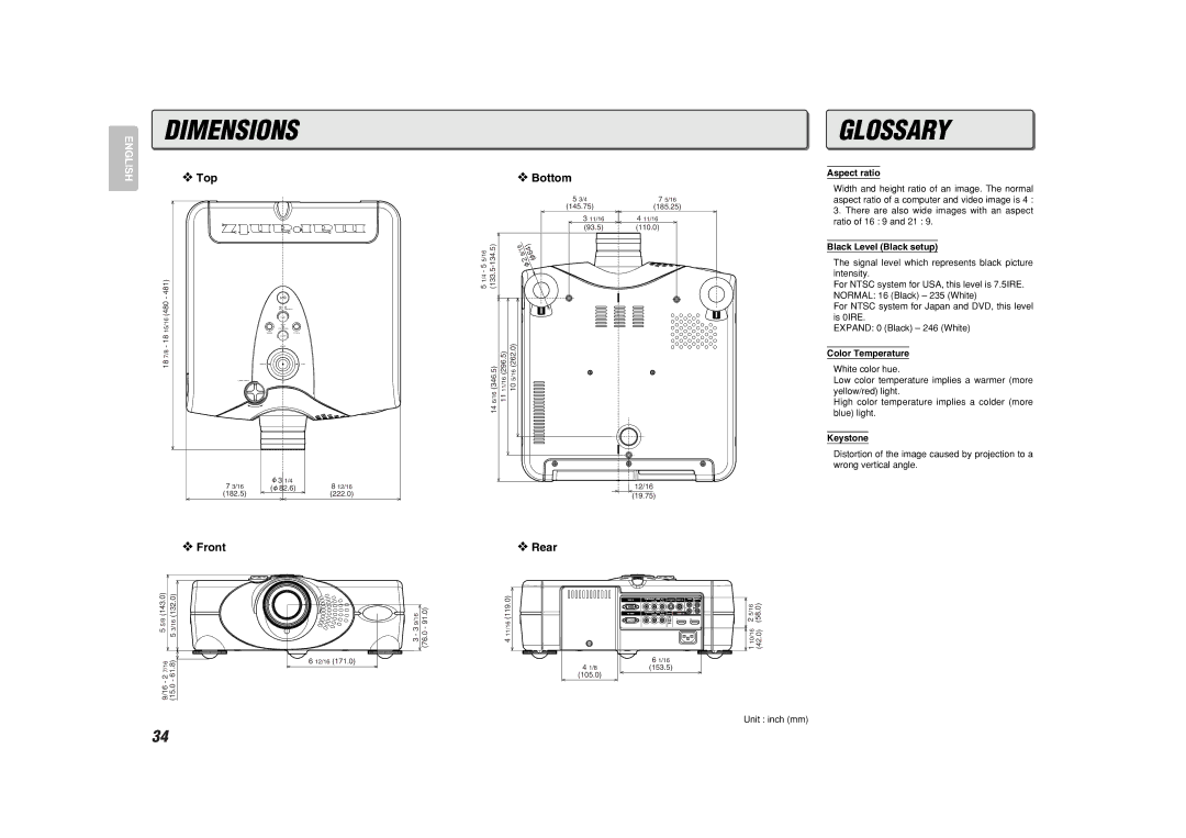 Marantz VP-11S1 manual Glossary, Bottom, Front, Aspect ratio, Black Level Black setup 