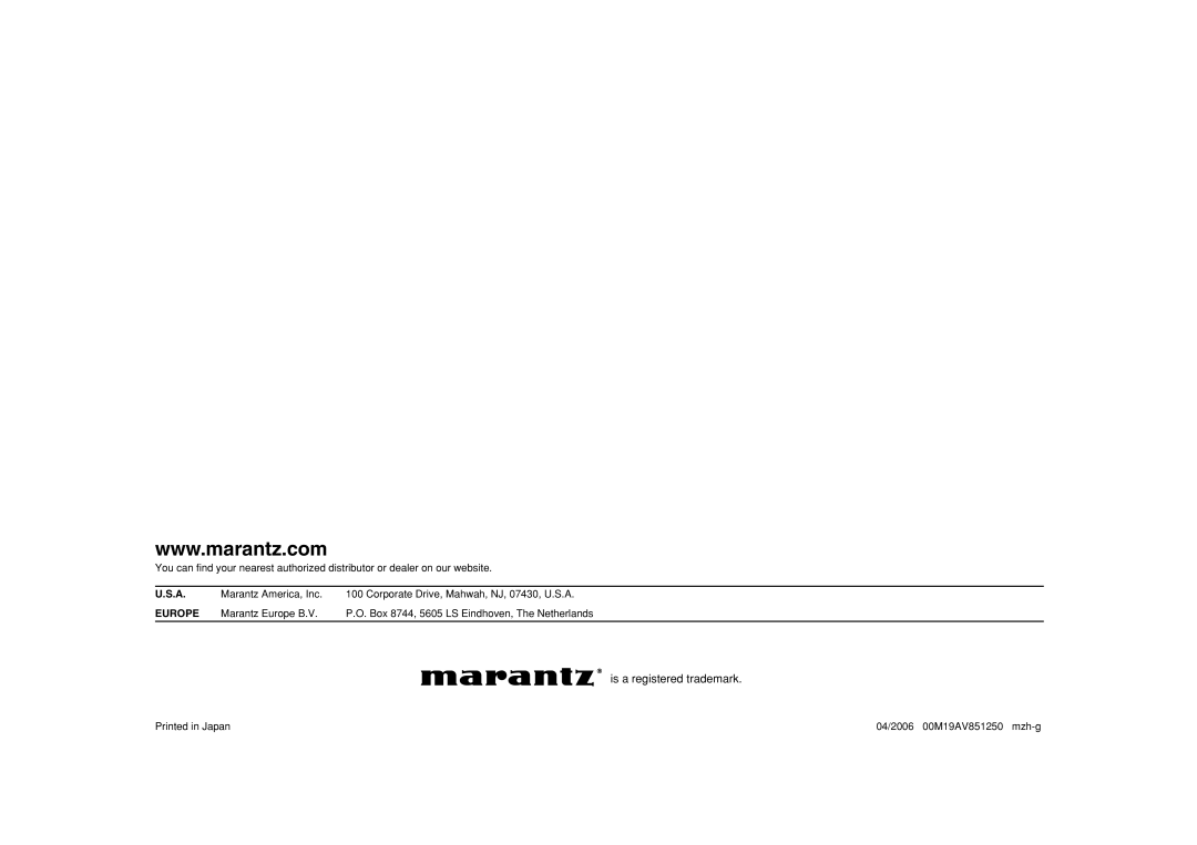 Marantz VP-11S1 manual Europe 