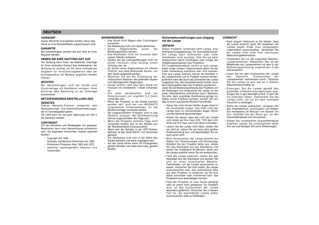 Marantz VP-11S1 manual Deutsch 