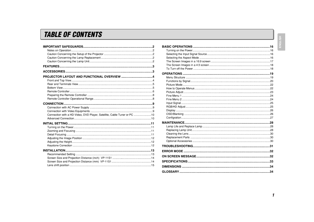 Marantz VP-11S1 manual Table of Contents 