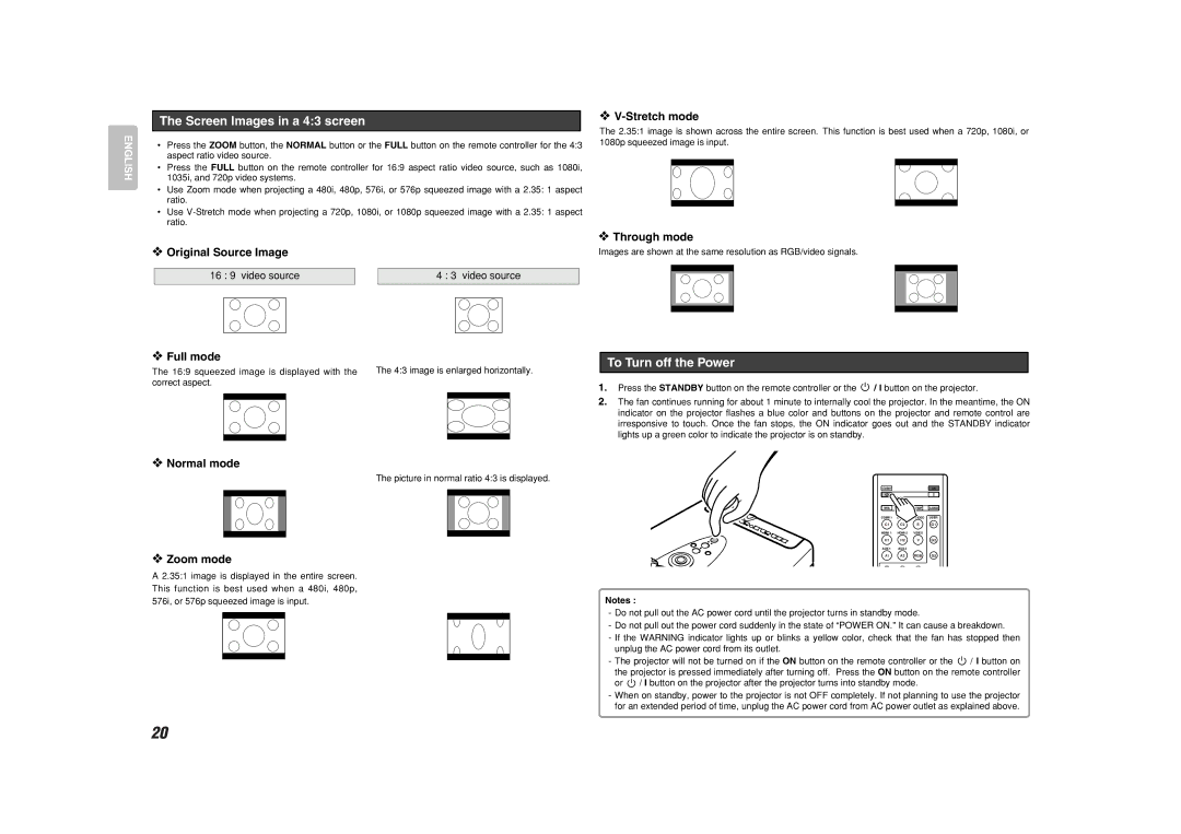 Marantz VP-11S2 manual Screen Images in a 43 screen, To Turn off the Power 