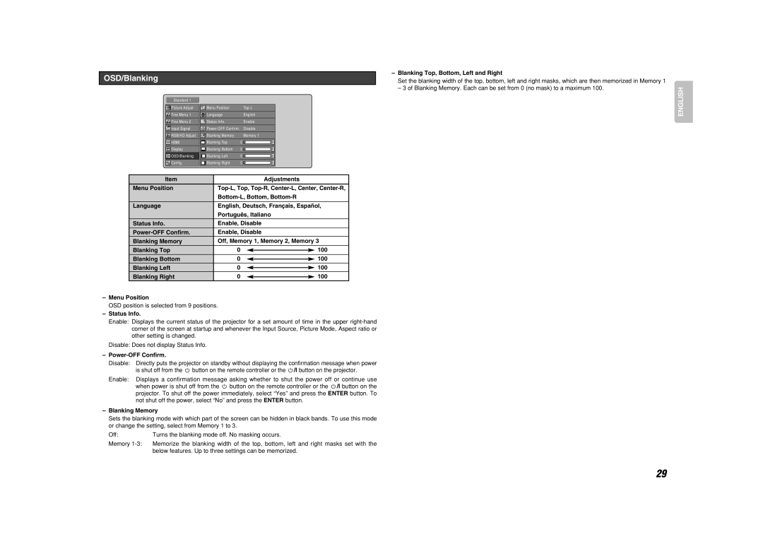 Marantz VP-11S2 manual OSD/Blanking, Blanking Top, Bottom, Left and Right, Adjustments Menu Position 