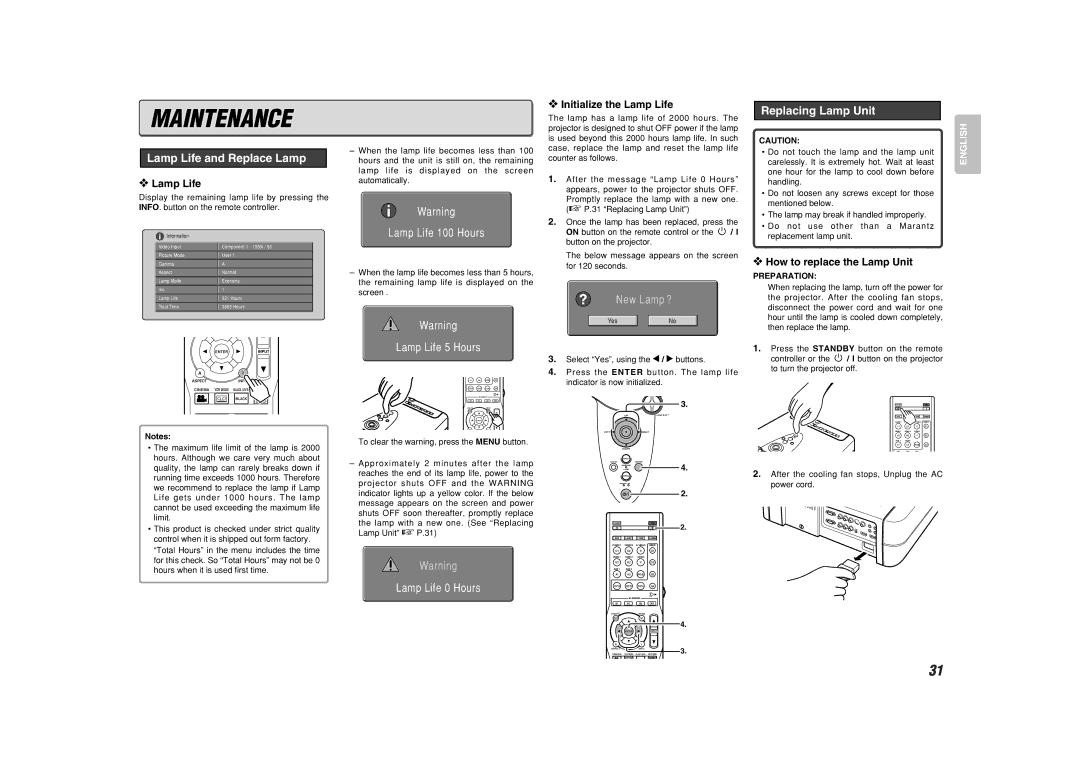 Marantz VP-11S2 manual Maintenance, Lamp Life and Replace Lamp, Replacing Lamp Unit 