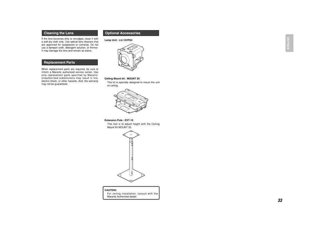 Marantz VP-11S2 Cleaning the Lens, Replacement Parts, Optional Accessories, Lamp Unit LU-12VPS3 Ceiling Mount kit Mount 