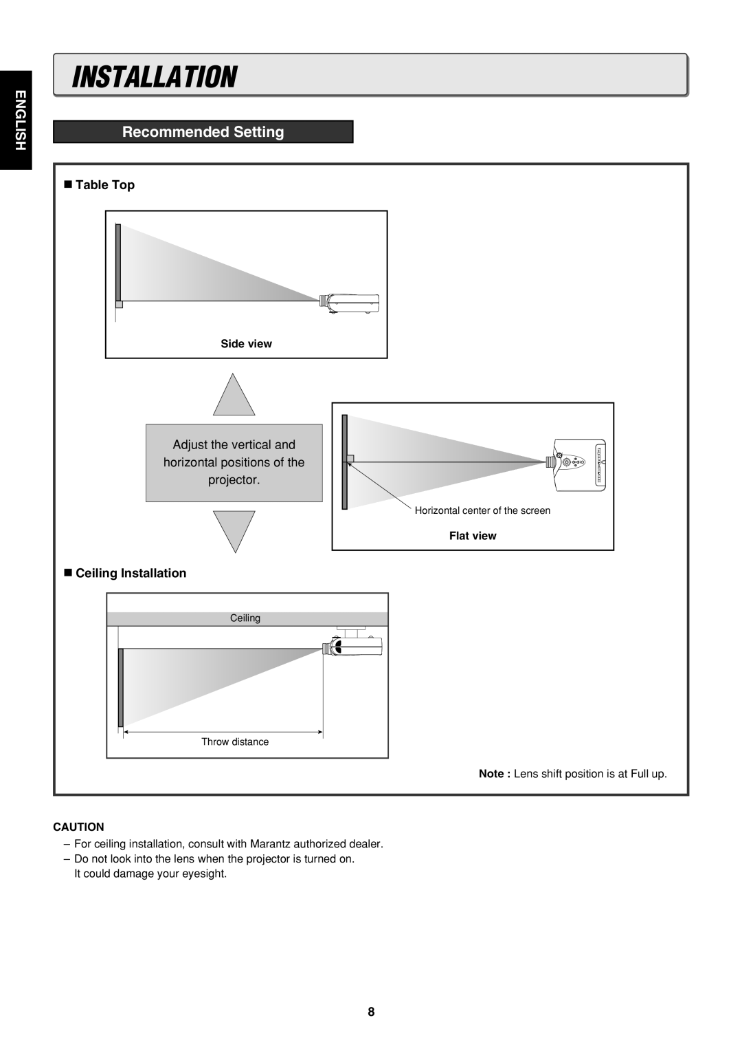 Marantz VP-12S1s manual Installation, Recommended Setting, Side view, Flat view 