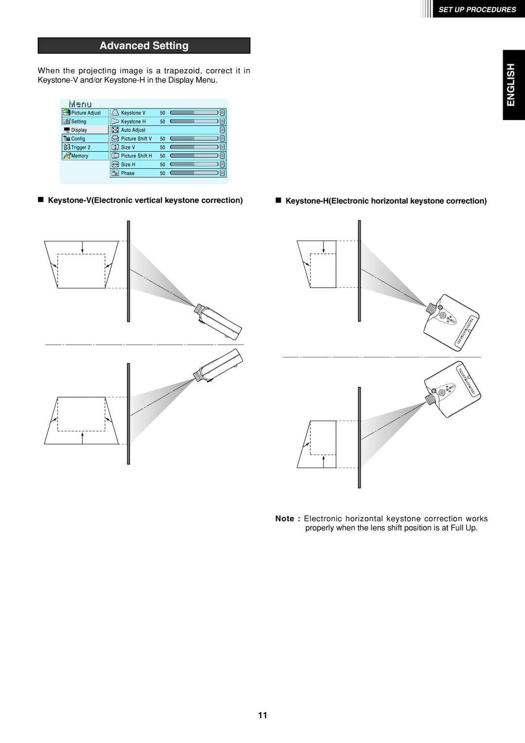 Marantz VP-12S1s manual Advanced Setting, Keystone-VElectronic vertical keystone correction 