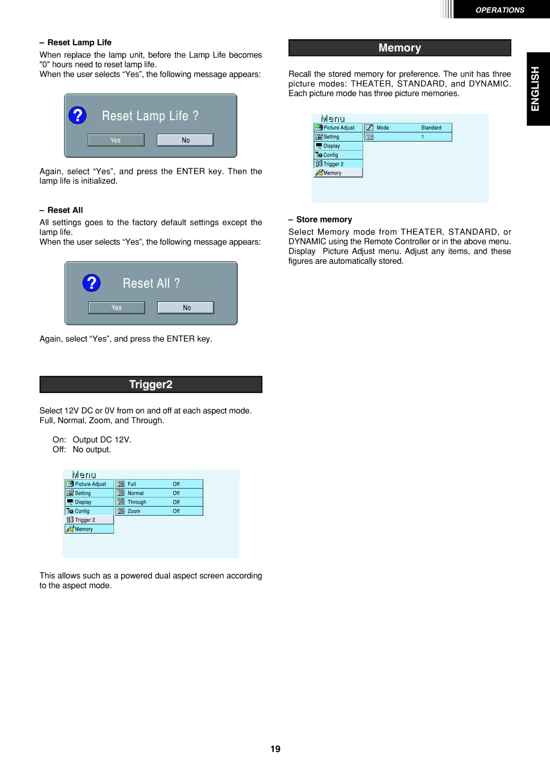 Marantz VP-12S1s manual Trigger2, Memory, Reset Lamp Life, Reset All, Store memory 