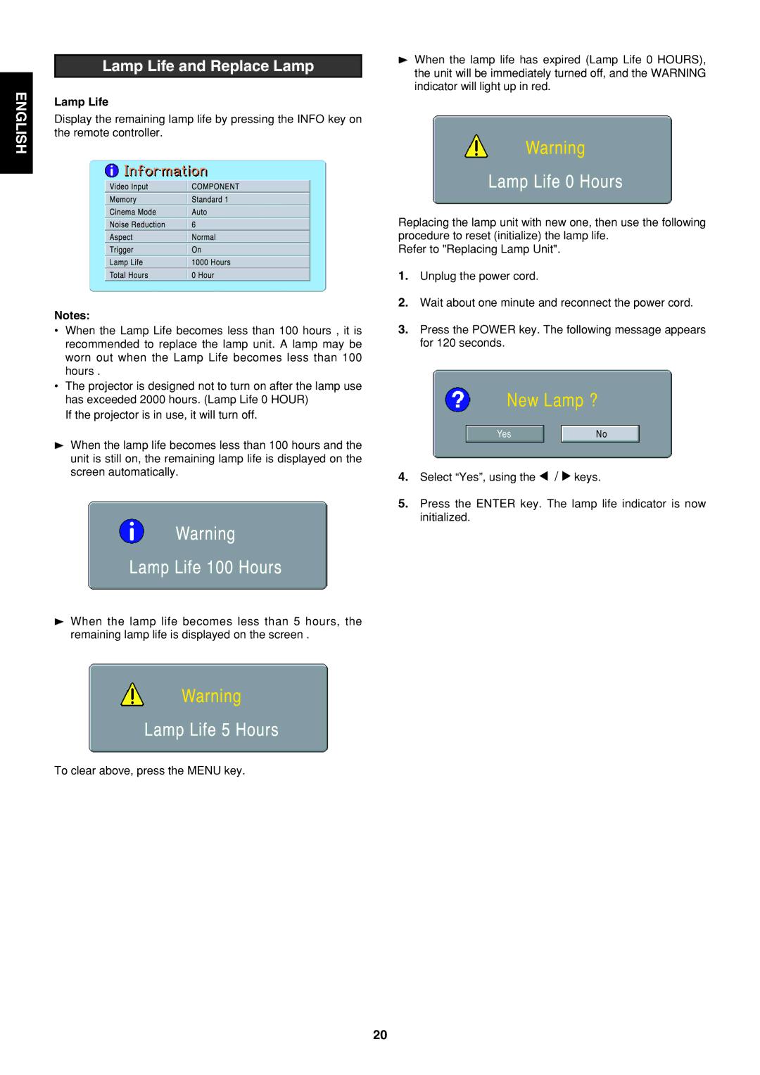 Marantz VP-12S1s manual Lamp Life and Replace Lamp 