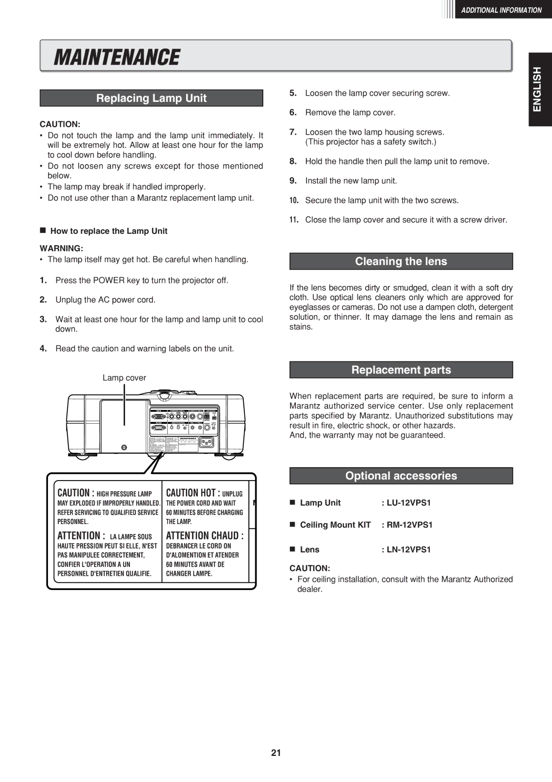 Marantz VP-12S1s manual Maintenance, Replacing Lamp Unit, Cleaning the lens, Replacement parts, Optional accessories 