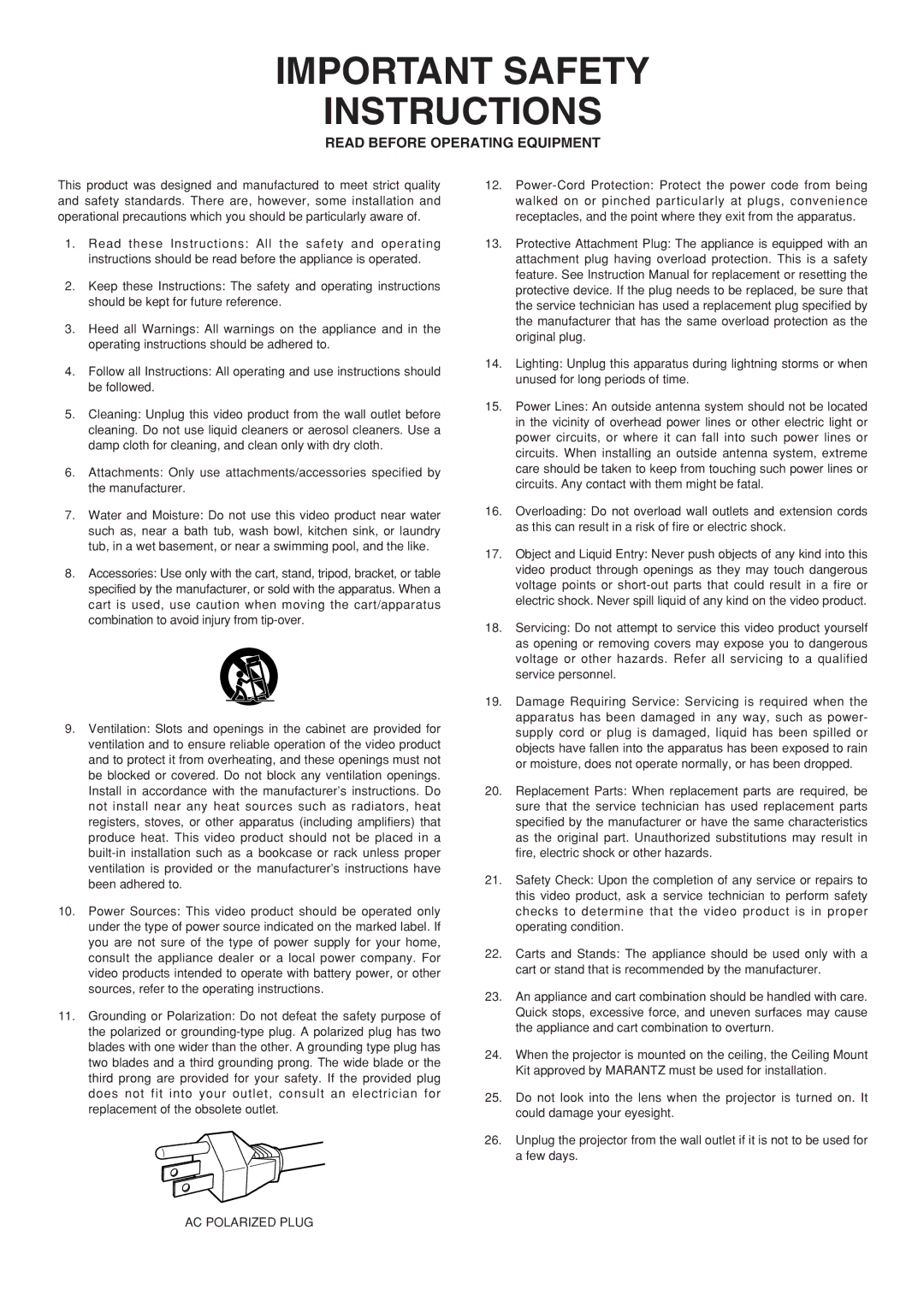 Marantz VP-12S1s manual Important Safety Instructions 