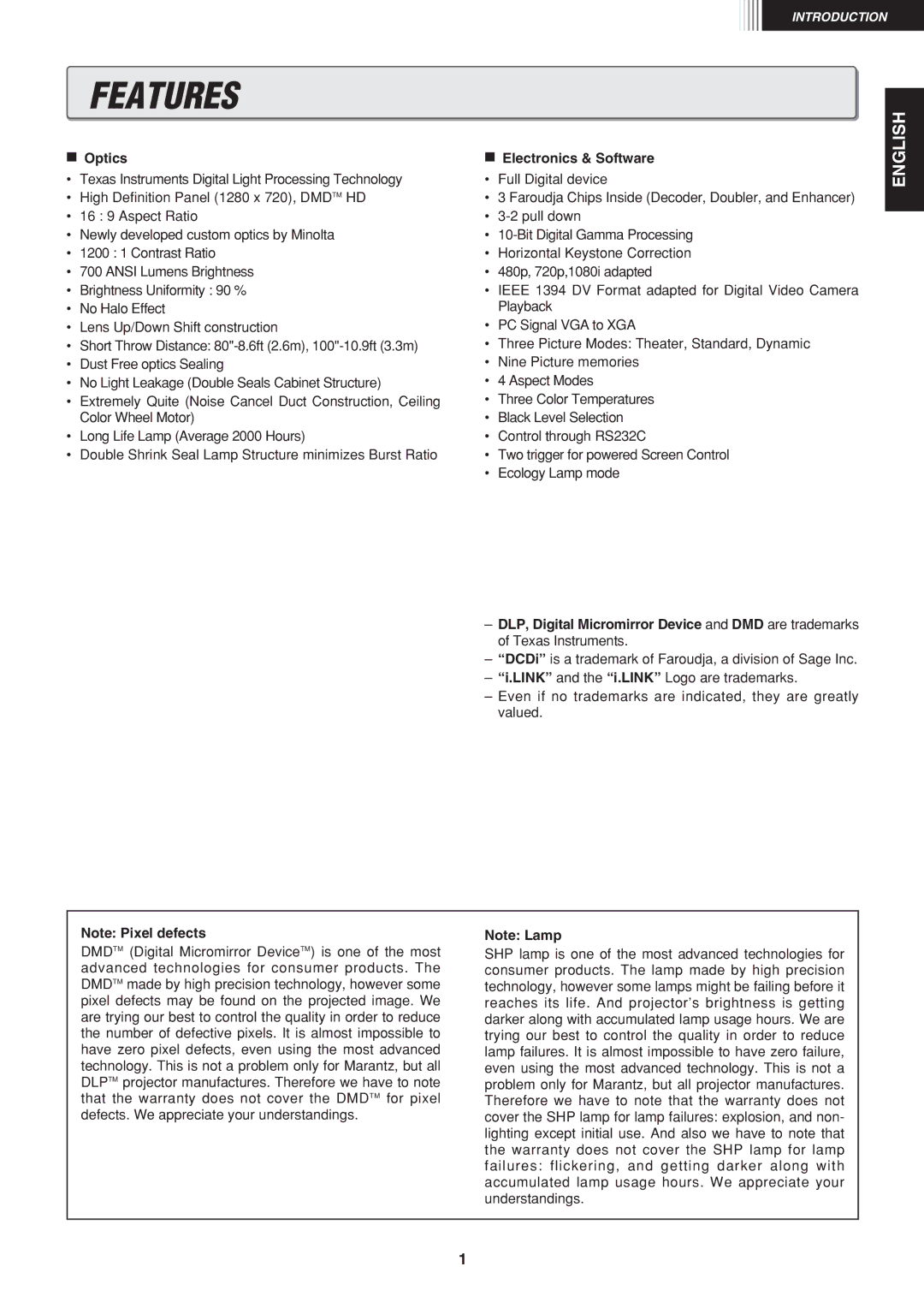 Marantz VP-12S1s manual Features, Optics, Electronics & Software 