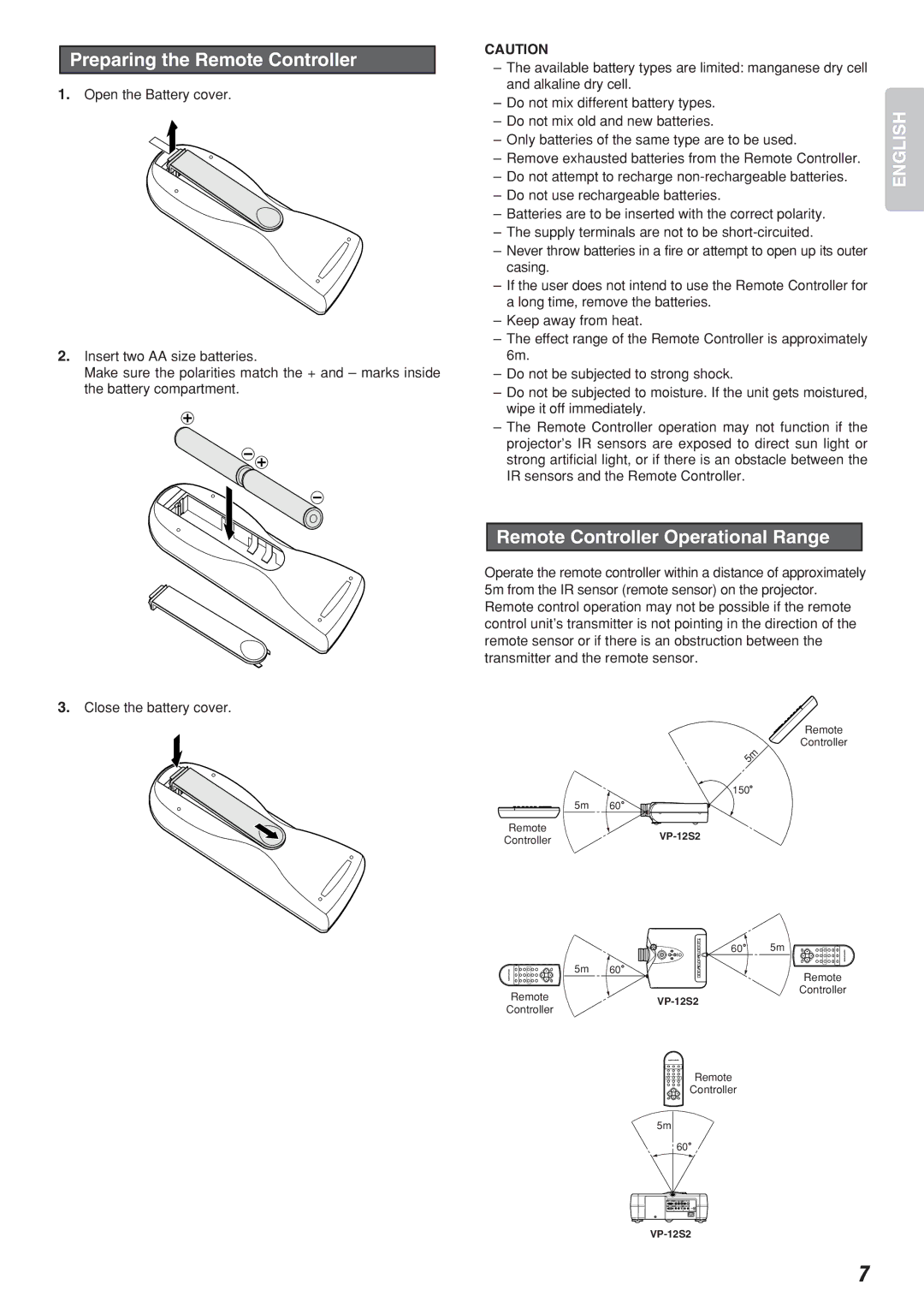 Marantz VP-12S2 manual Preparing the Remote Controller, Remote Controller Operational Range 