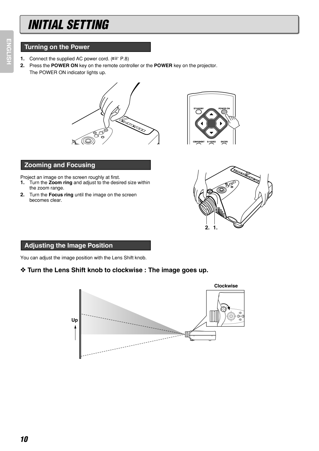 Marantz VP-12S2 manual Initial Setting, Turning on the Power, Zooming and Focusing, Adjusting the Image Position 