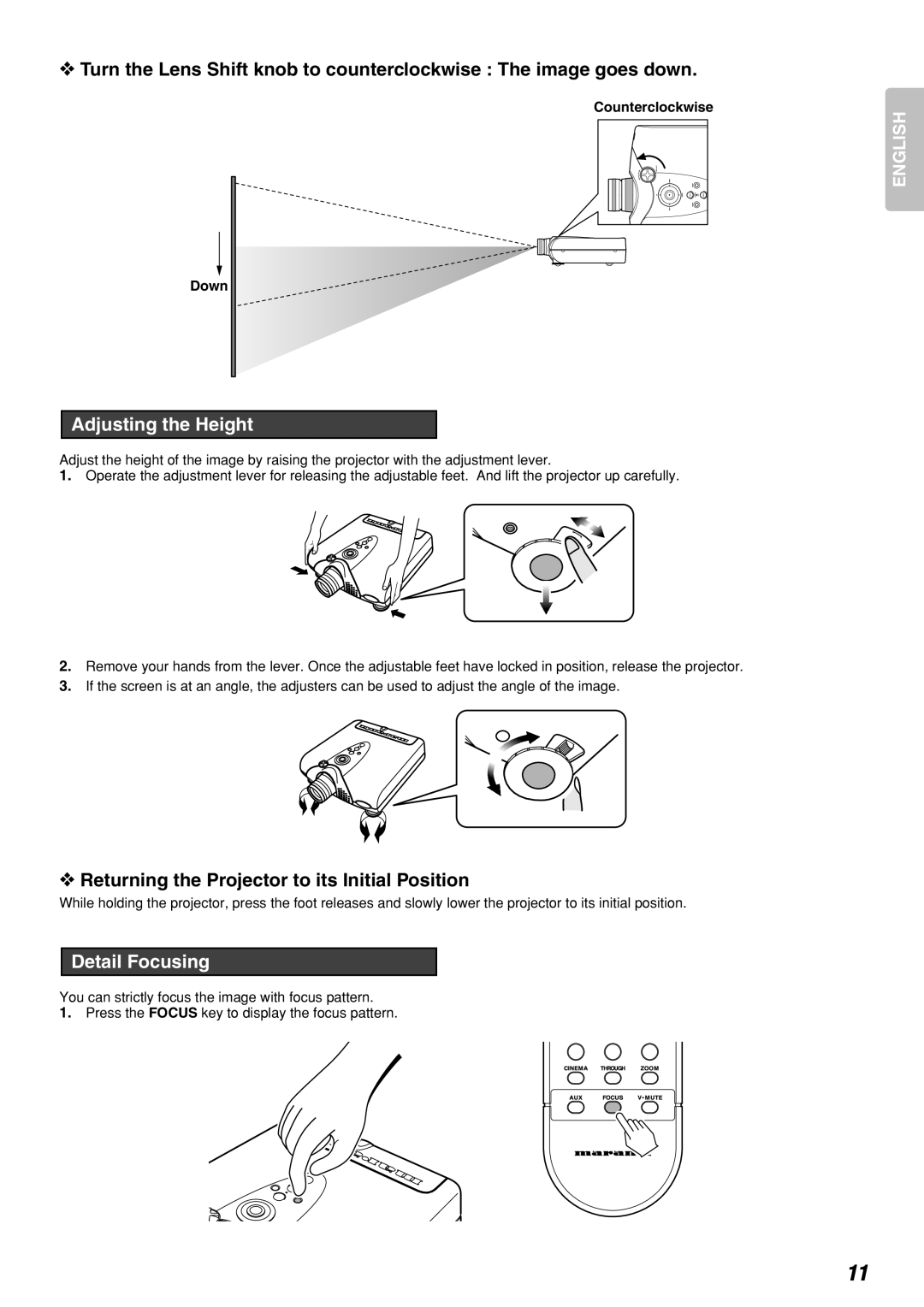 Marantz VP-12S2 manual Adjusting the Height, Returning the Projector to its Initial Position, Detail Focusing 