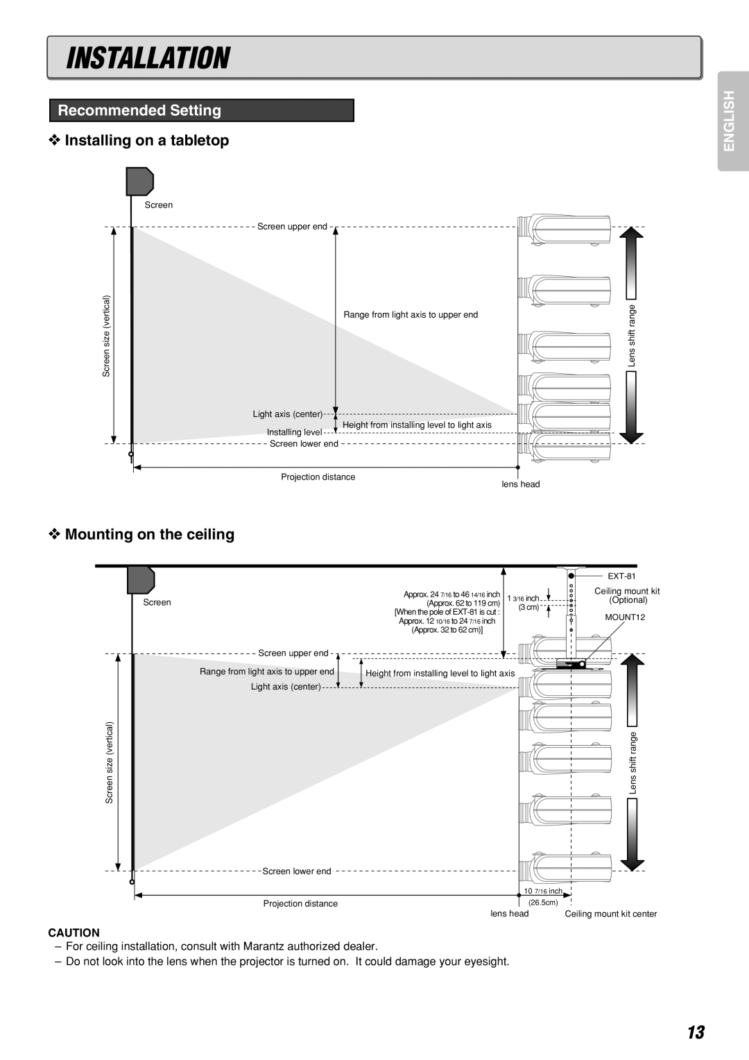 Marantz VP-12S2 manual Installation, Recommended Setting, Installing on a tabletop, Mounting on the ceiling 