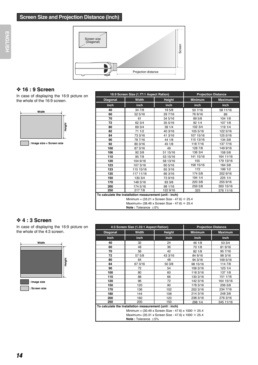 Marantz VP-12S2 manual Screen Size and Projection Distance inch, 16 9 Screen 