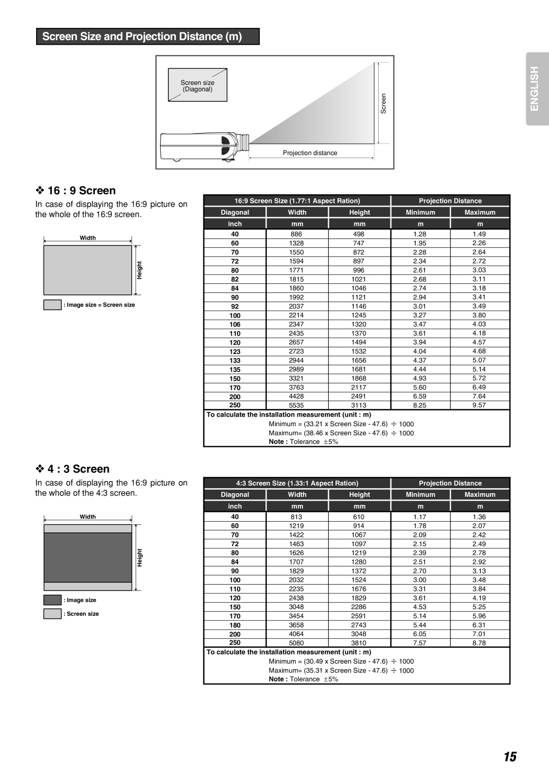 Marantz VP-12S2 manual Screen Size and Projection Distance m, Diagonal Width Height Minimum Maximum Inch 