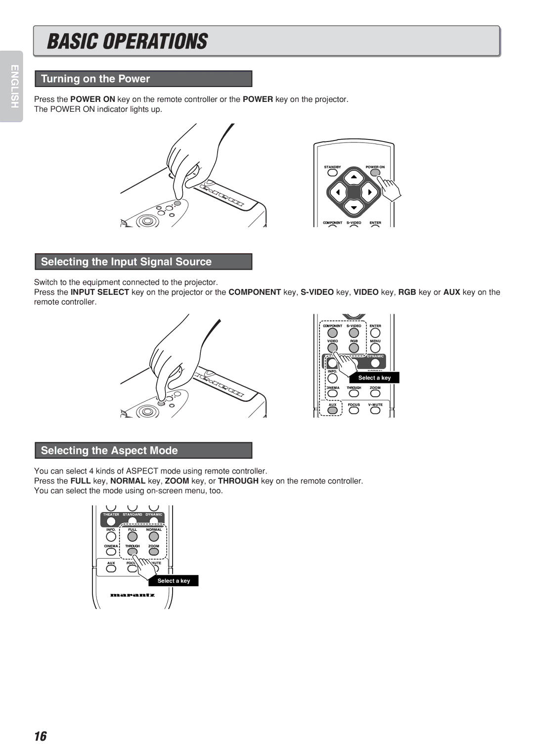 Marantz VP-12S2 manual Basic Operations, Selecting the Input Signal Source, Selecting the Aspect Mode 