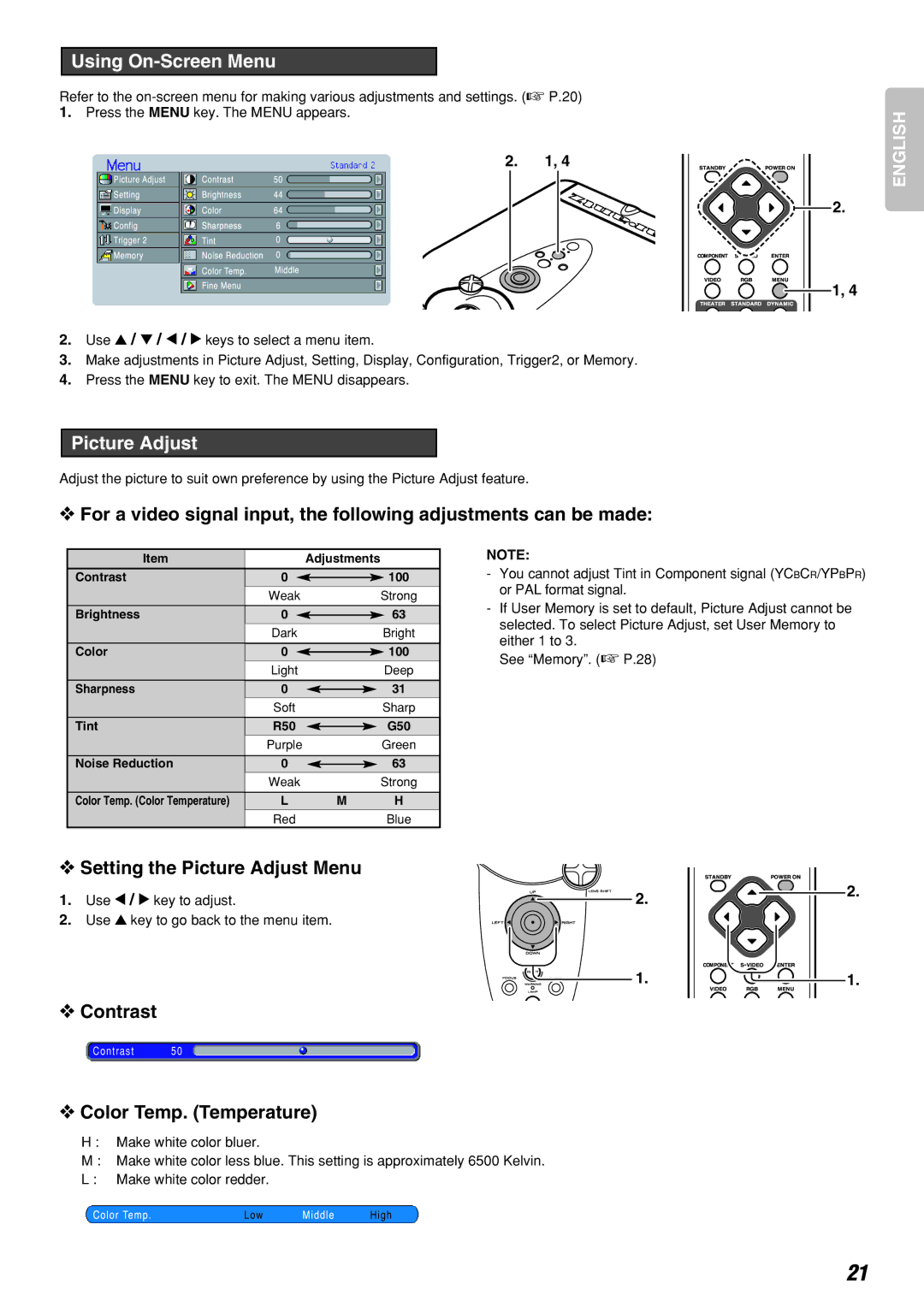 Marantz VP-12S2 manual Using On-Screen Menu, Setting the Picture Adjust Menu, Contrast, Color Temp. Temperature 