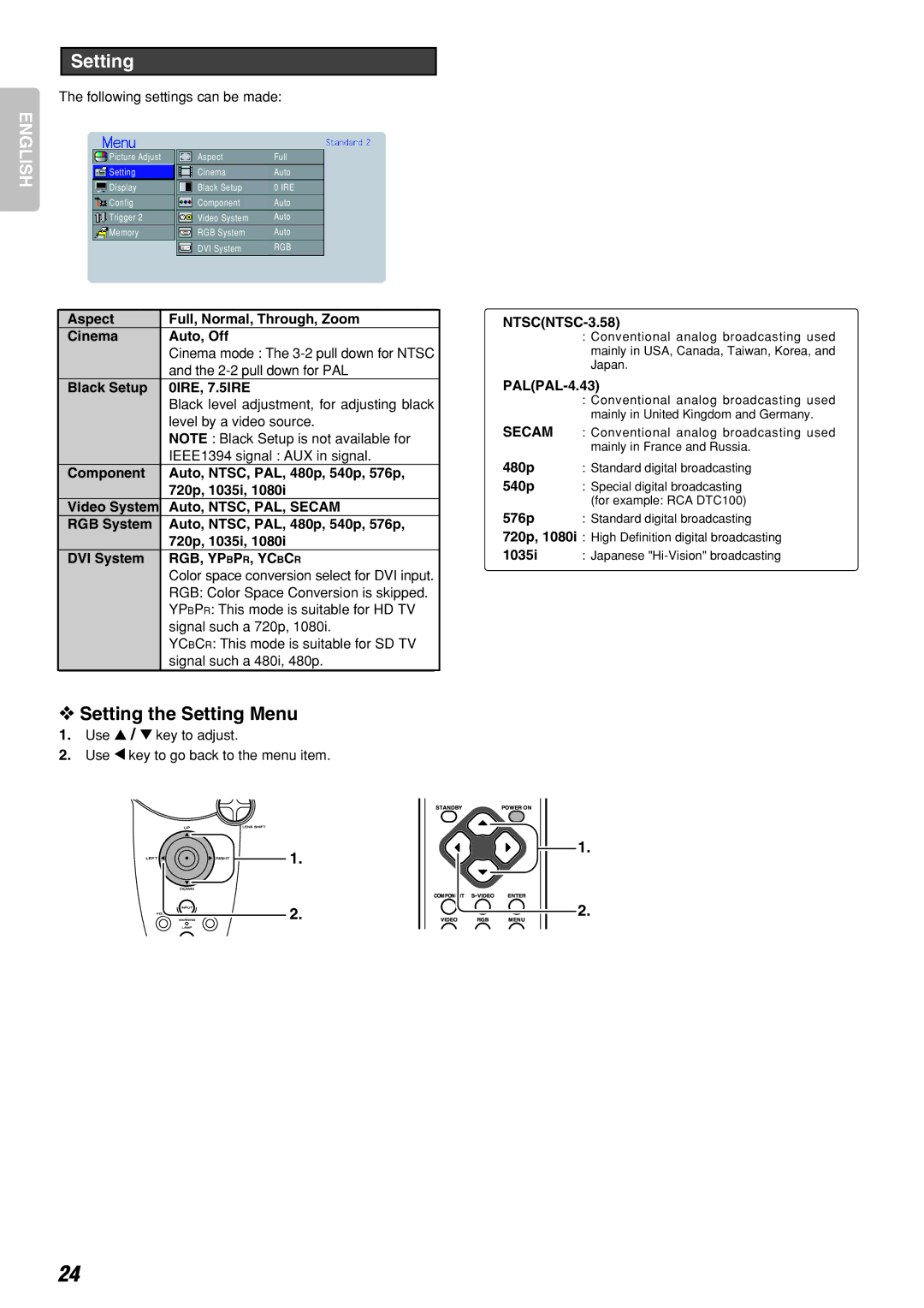 Marantz VP-12S2 manual Setting the Setting Menu 