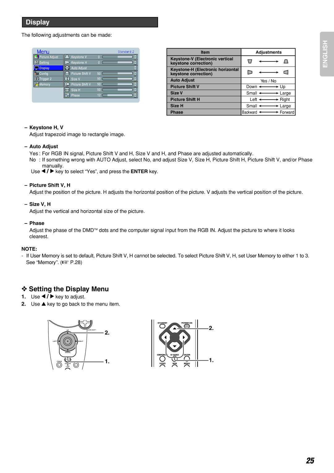 Marantz VP-12S2 manual Setting the Display Menu 