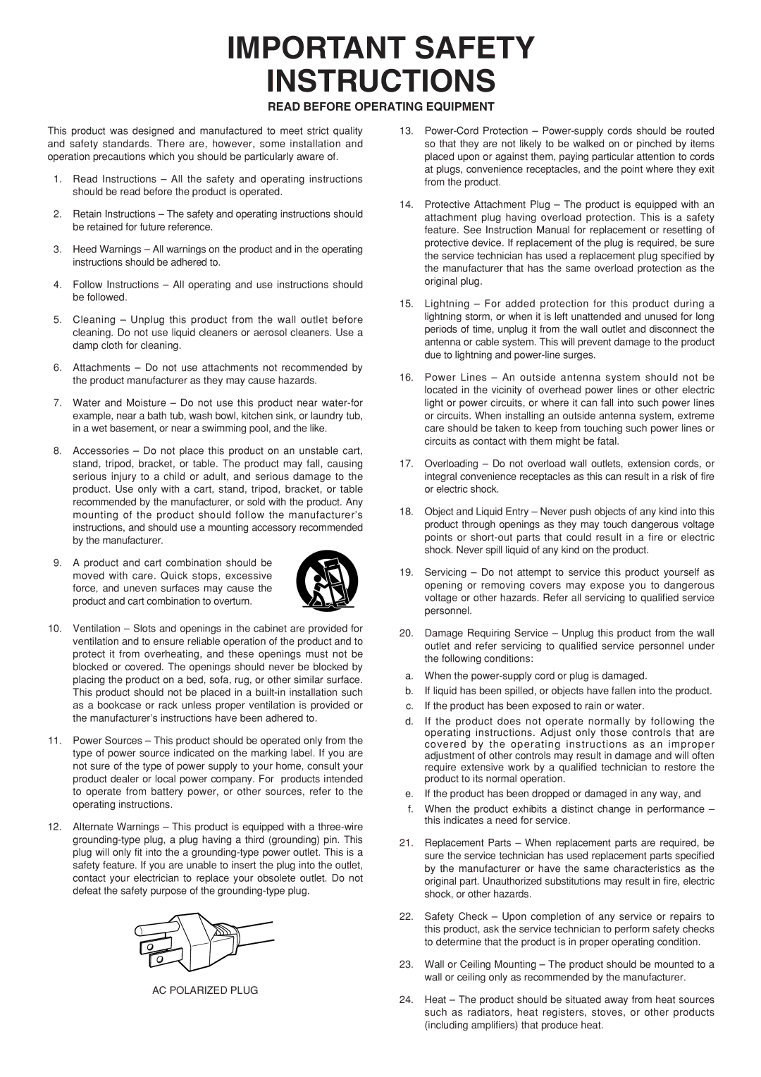 Marantz VP-12S2 manual Important Safety Instructions 