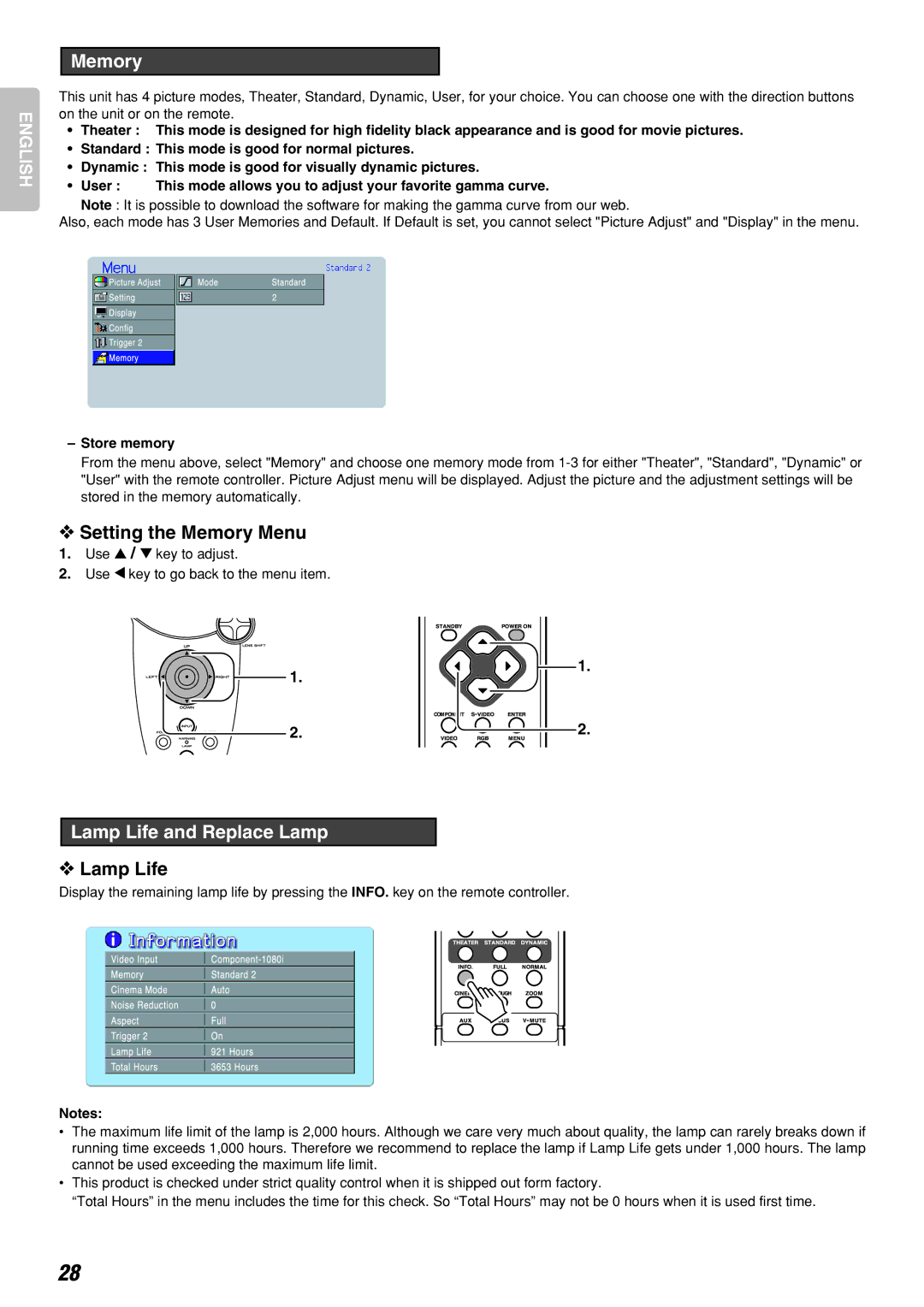 Marantz VP-12S2 manual Setting the Memory Menu, Lamp Life and Replace Lamp, Store memory 