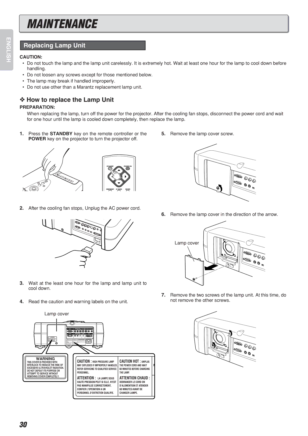 Marantz VP-12S2 manual Maintenance, Replacing Lamp Unit, How to replace the Lamp Unit 