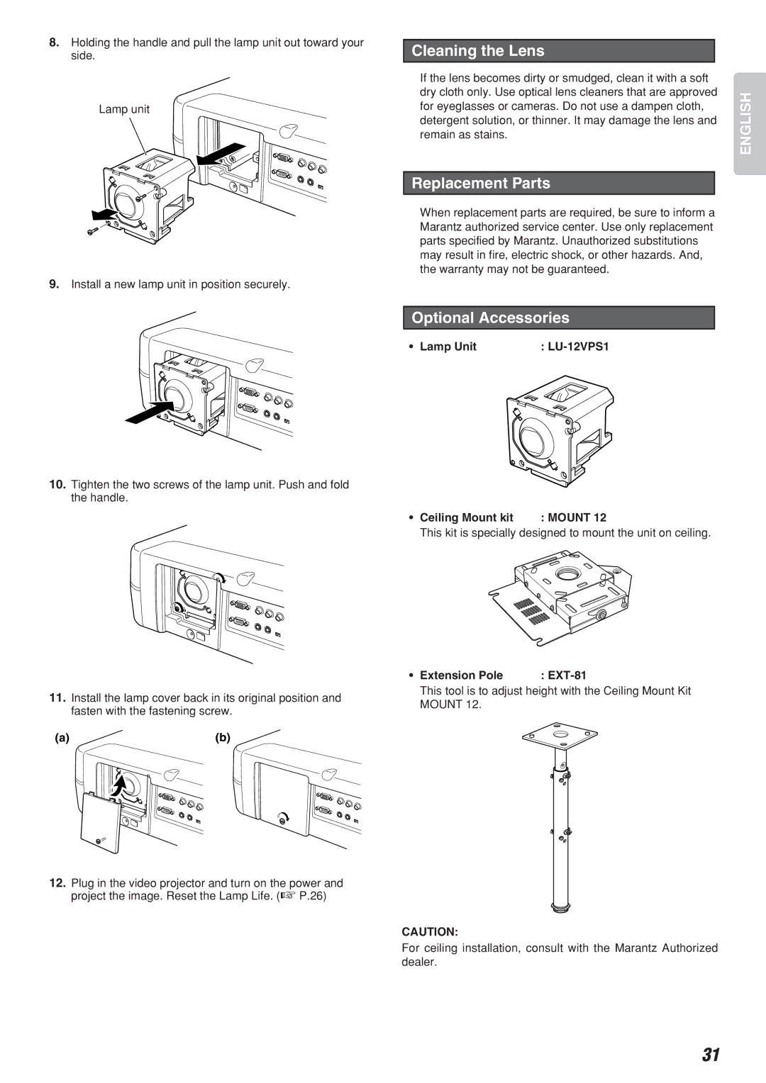 Marantz VP-12S2 manual Cleaning the Lens, Replacement Parts, Optional Accessories 