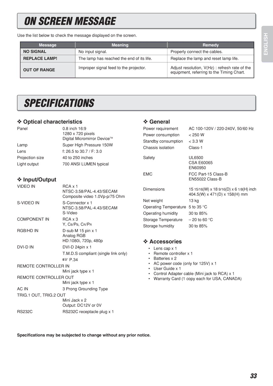 Marantz VP-12S2 manual On Screen Message, Specifications 