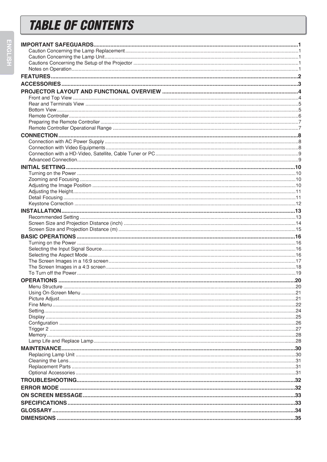 Marantz VP-12S2 manual Table of Contents 