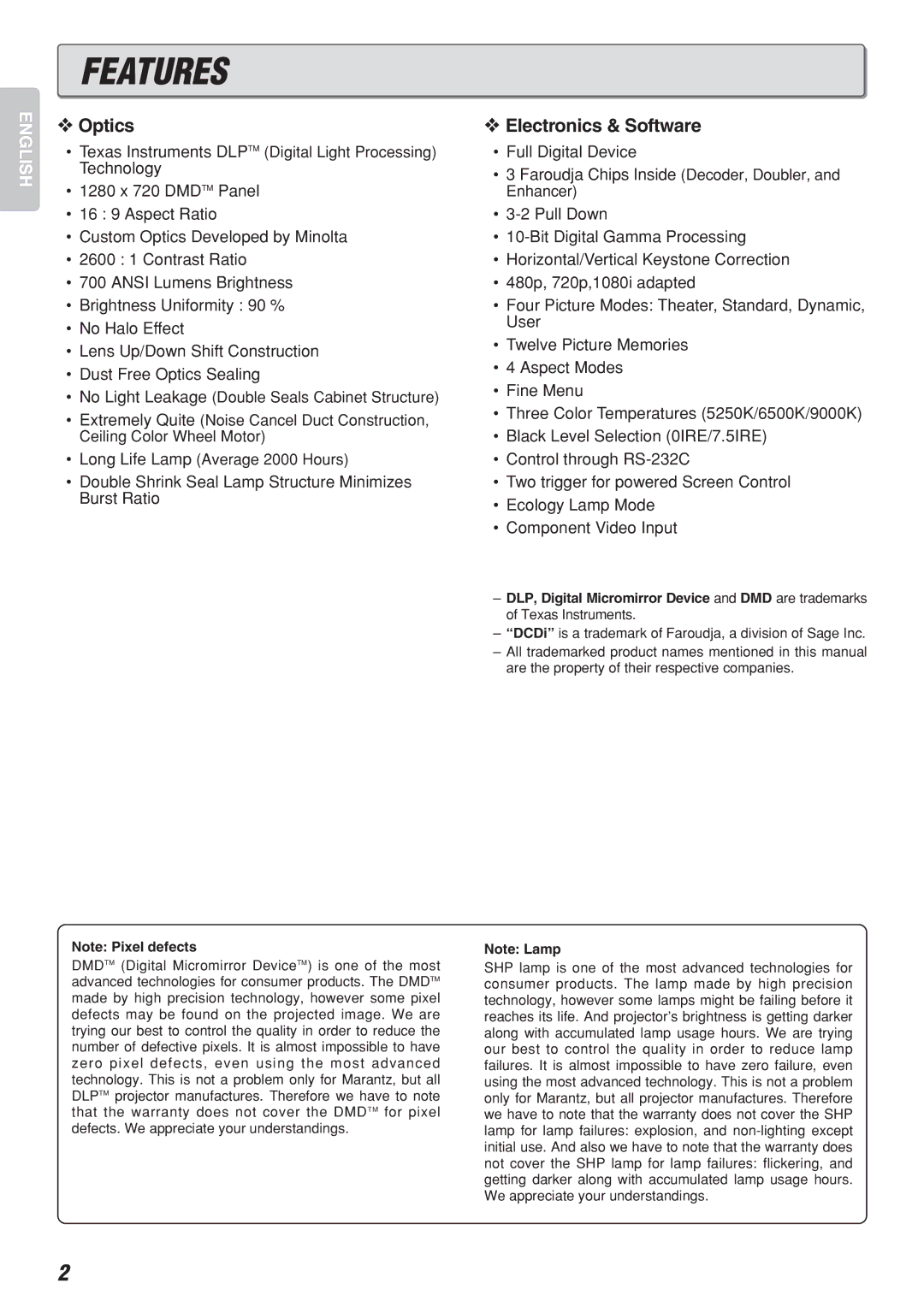 Marantz VP-12S2 manual Features, Optics, Electronics & Software 