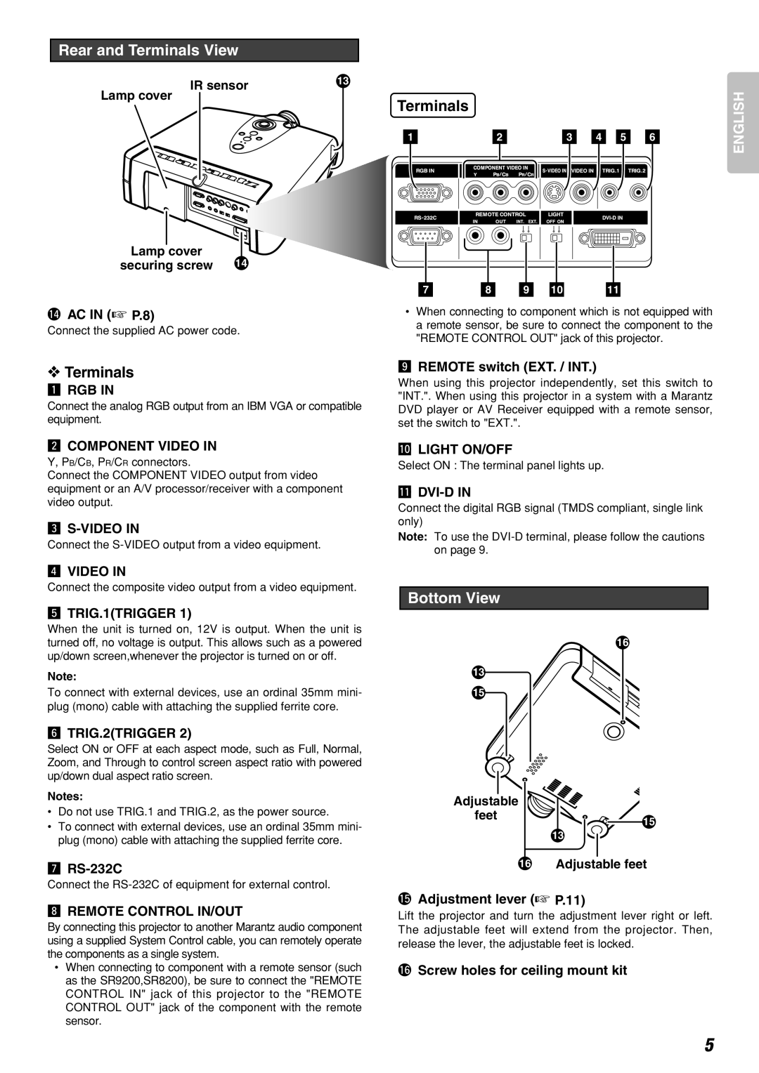 Marantz VP-12S2 manual Rear and Terminals View, Bottom View 