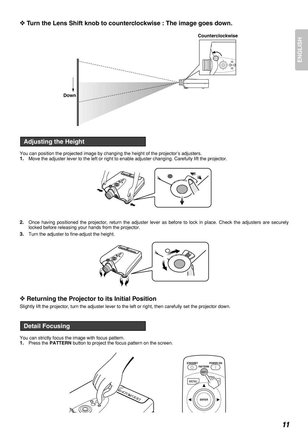 Marantz VP-12S3/VP-12S3L manual Adjusting the Height, Returning the Projector to its Initial Position, Detail Focusing 