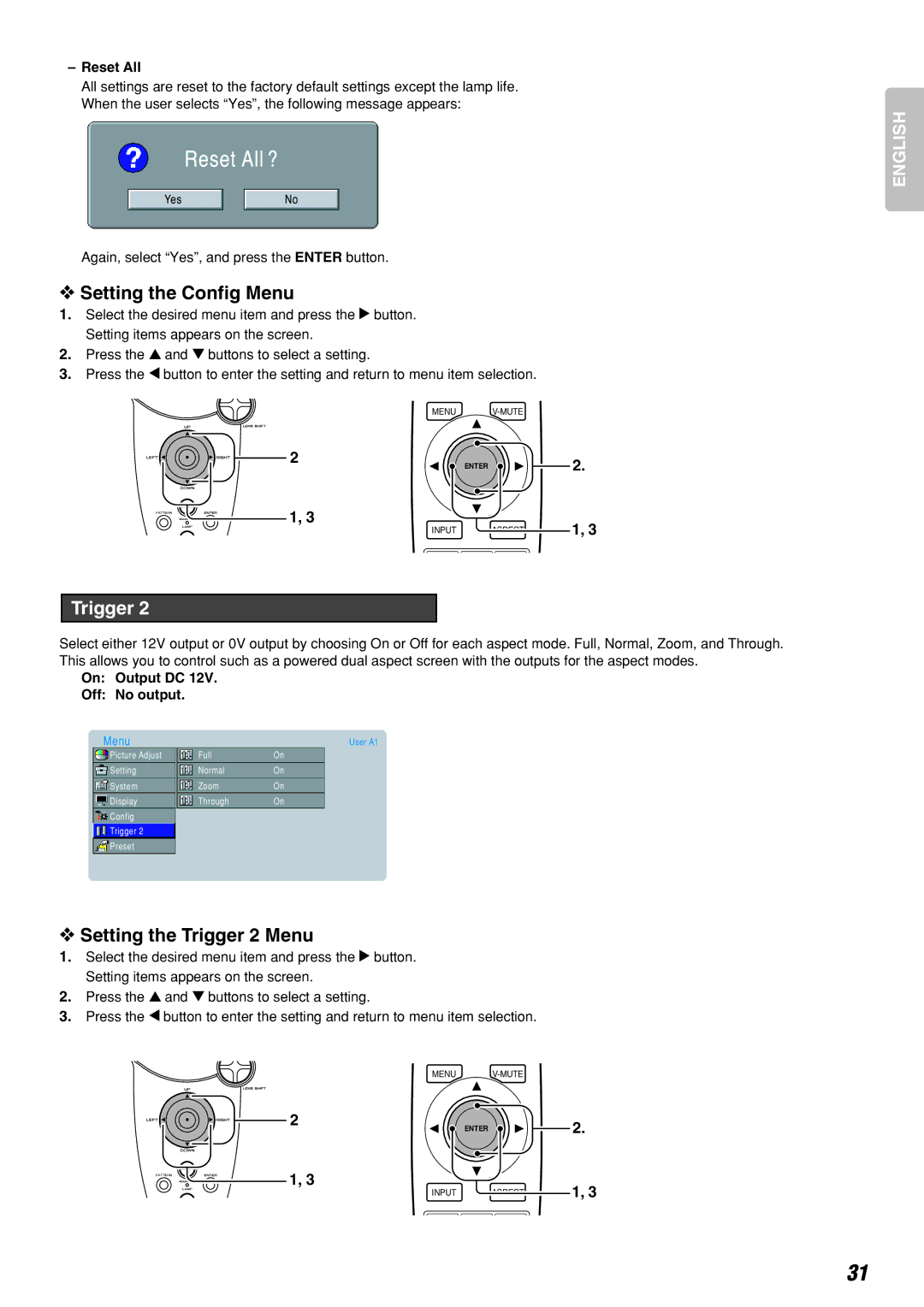 Marantz VP-12S3/VP-12S3L manual Setting the Config Menu, Setting the Trigger 2 Menu, On Output DC Off No output 