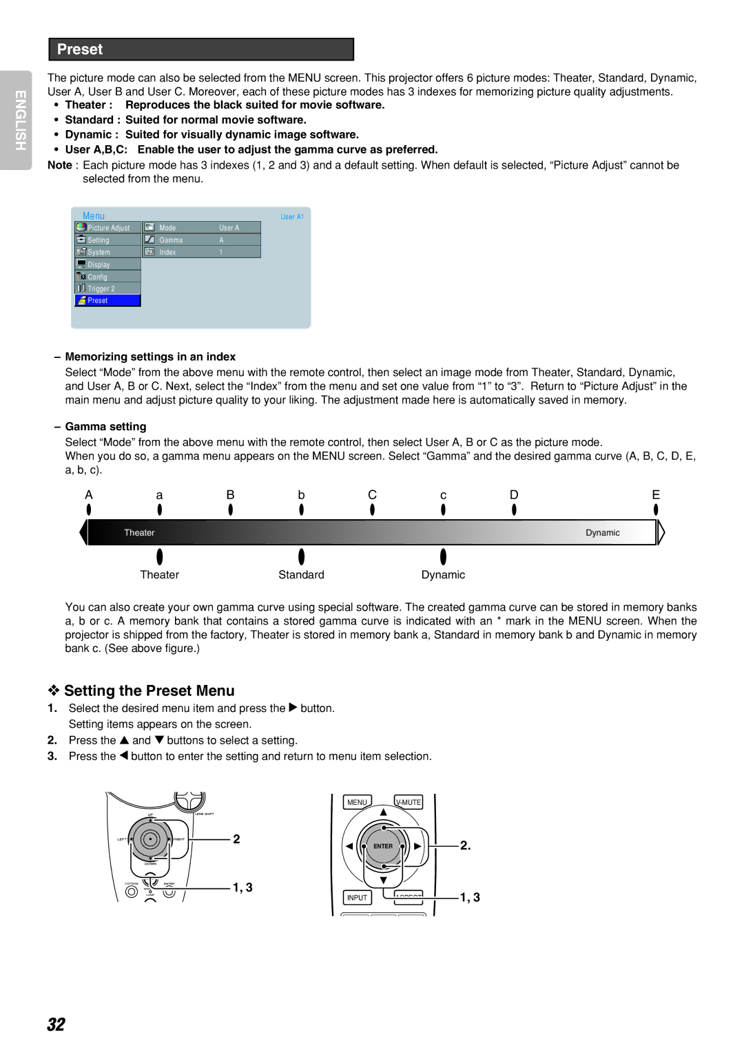 Marantz VP-12S3/VP-12S3L manual Setting the Preset Menu, Memorizing settings in an index, Gamma setting 