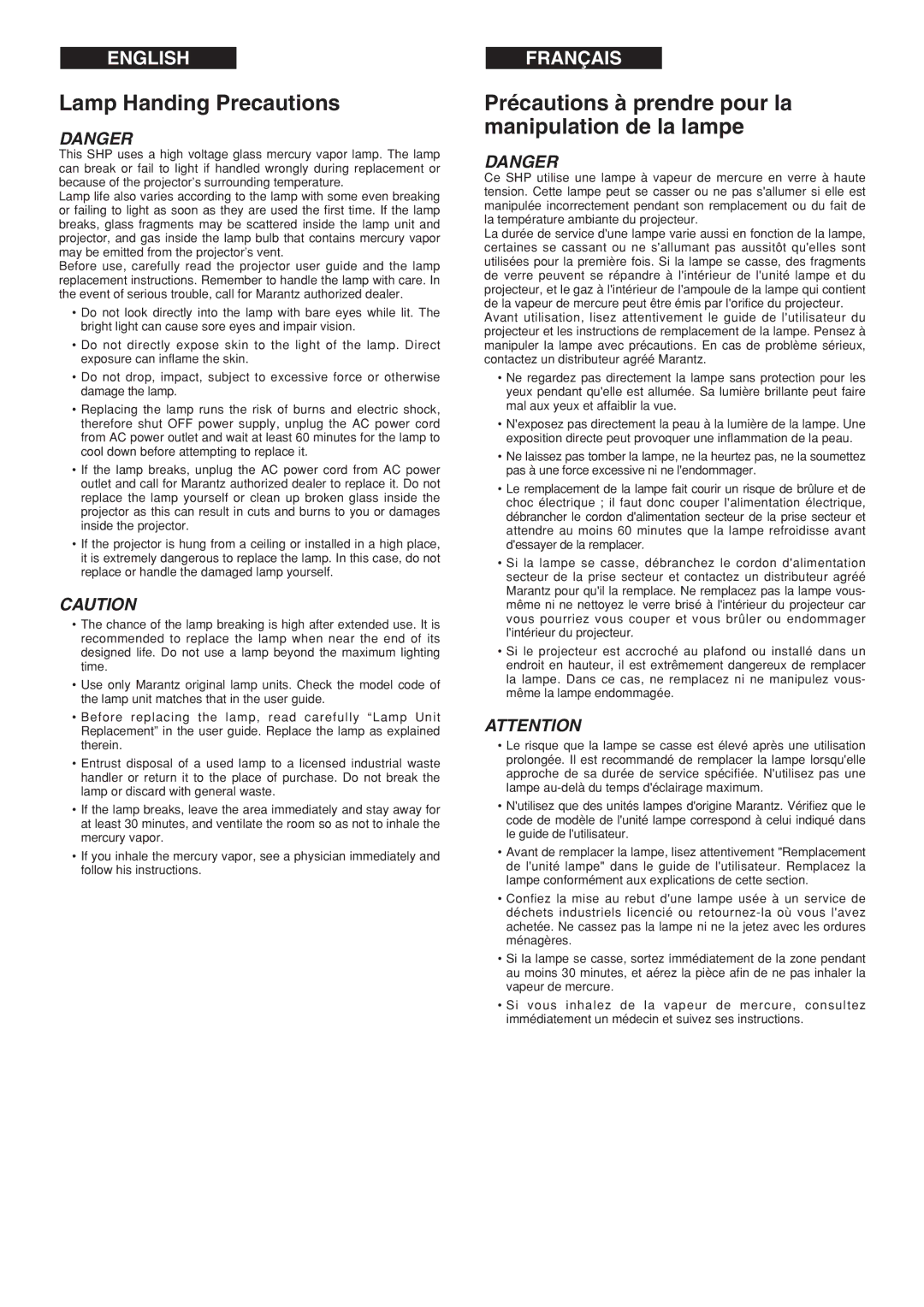 Marantz VP-12S3/VP-12S3L manual Lamp Handing Precautions 