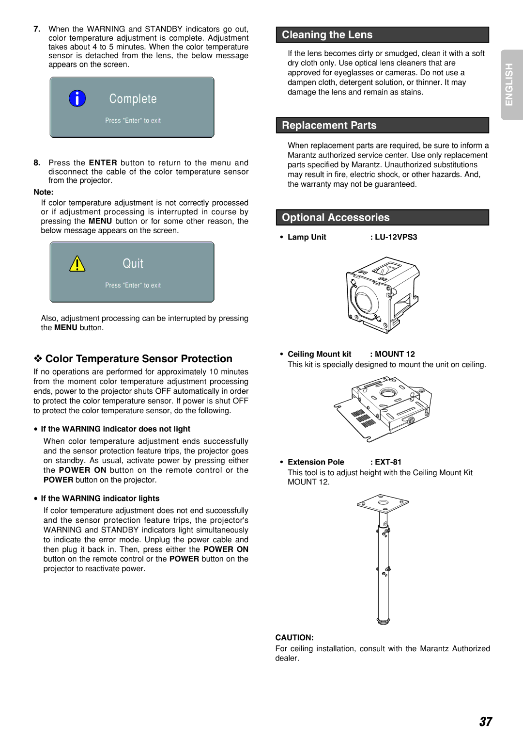 Marantz VP-12S3/VP-12S3L Color Temperature Sensor Protection, Cleaning the Lens, Replacement Parts, Optional Accessories 