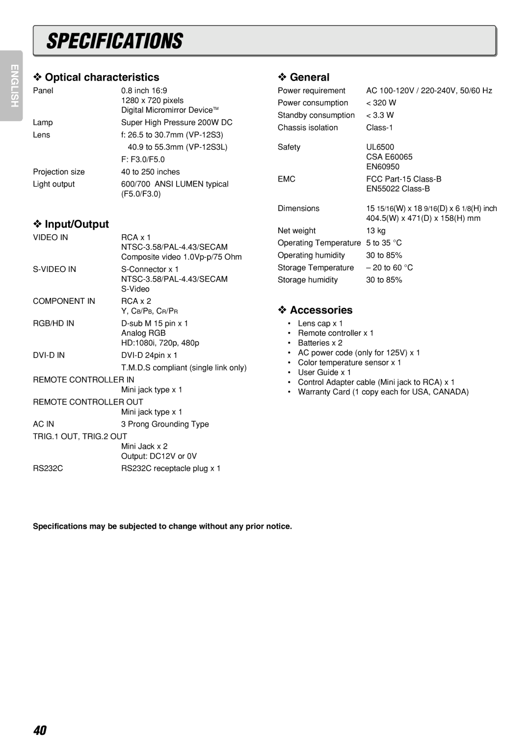 Marantz VP-12S3/VP-12S3L manual Specifications, Optical characteristics, Input/Output, General, Accessories 