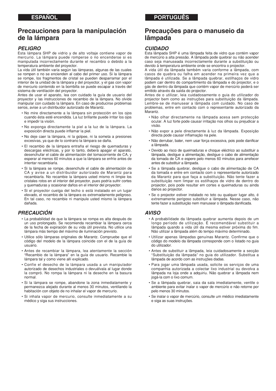 Marantz VP-12S3/VP-12S3L manual Precauciones para la manipulación de la lámpara 