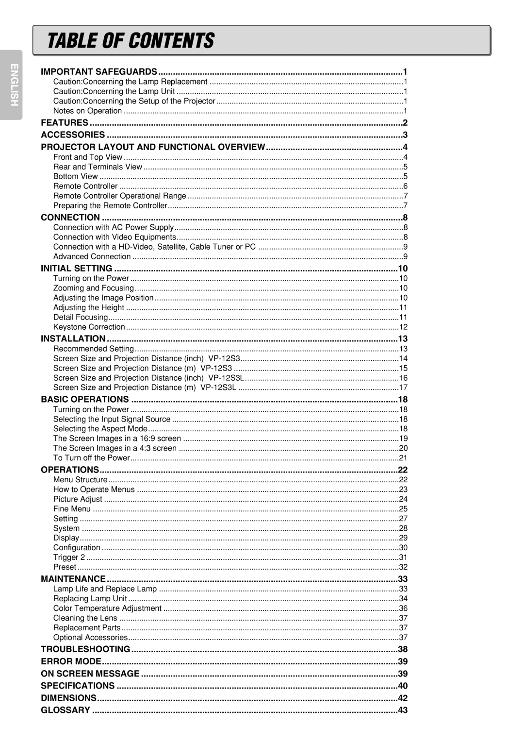 Marantz VP-12S3/VP-12S3L manual Table of Contents 